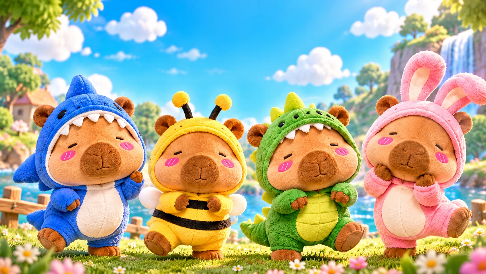Four Copybara plush friends dressed as a shark, bee, dinosaur and bunny beside a waterfall