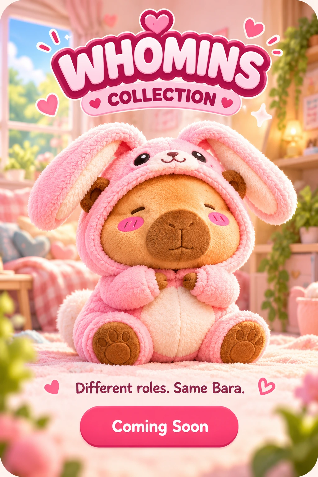 Whomins Collection: a Copybara in a pink bunny outfit. Different roles. Same Bara. Coming soon.